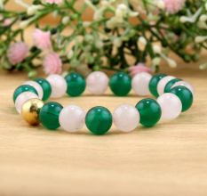Rose quartz & Green onyx beaded bracelet, With Metal bead, Adjustable bracelet